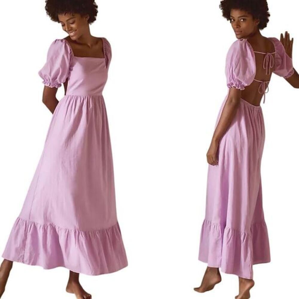 Charlie Holiday Puff Sleeve Backless Cotton/Linen Paris Maxi Dress Lilac size 4